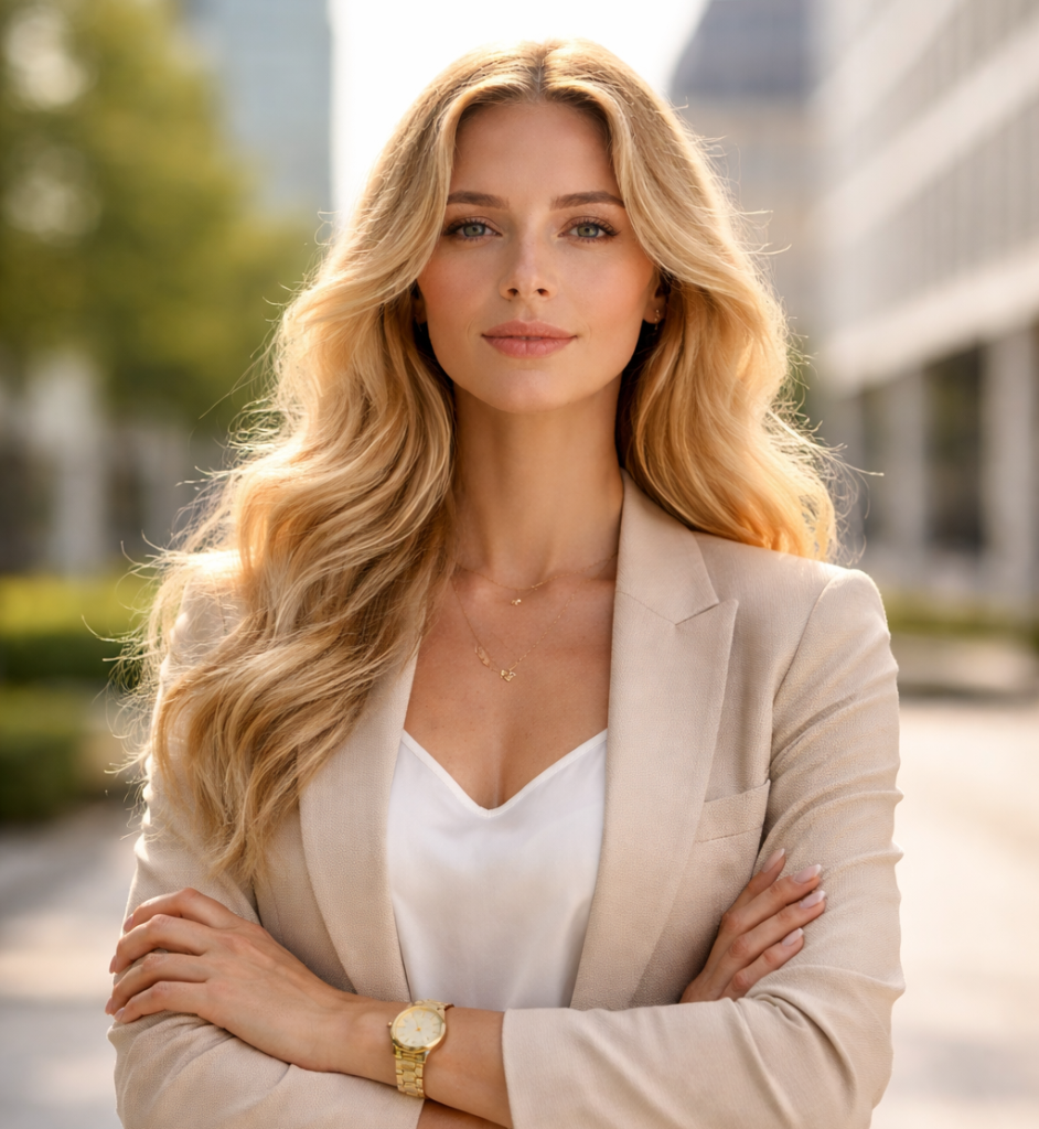 Eine Businessfrau die kraftvoll und liebevoll ihren Alltag meistert 