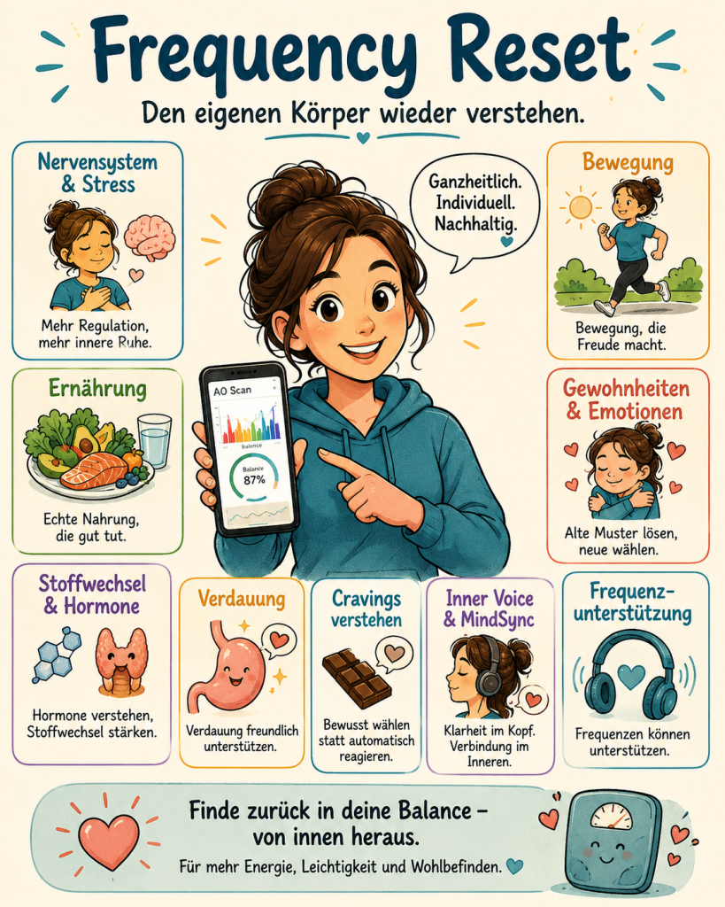 Infografik zum Ganzheitlichen Ansatz Frequency Reset: Übersicht der Säulen Nervensystem, Ernährung, Bewegung, Gewohnheiten, Frequenzunterstützung und AO Scan. Infografik zum Ganzheitlichen Ansatz Frequency Reset: Übersicht der Säulen Nervensystem, Ernährung, Bewegung, Gewohnheiten, Frequenzunterstützung und AO Scan.