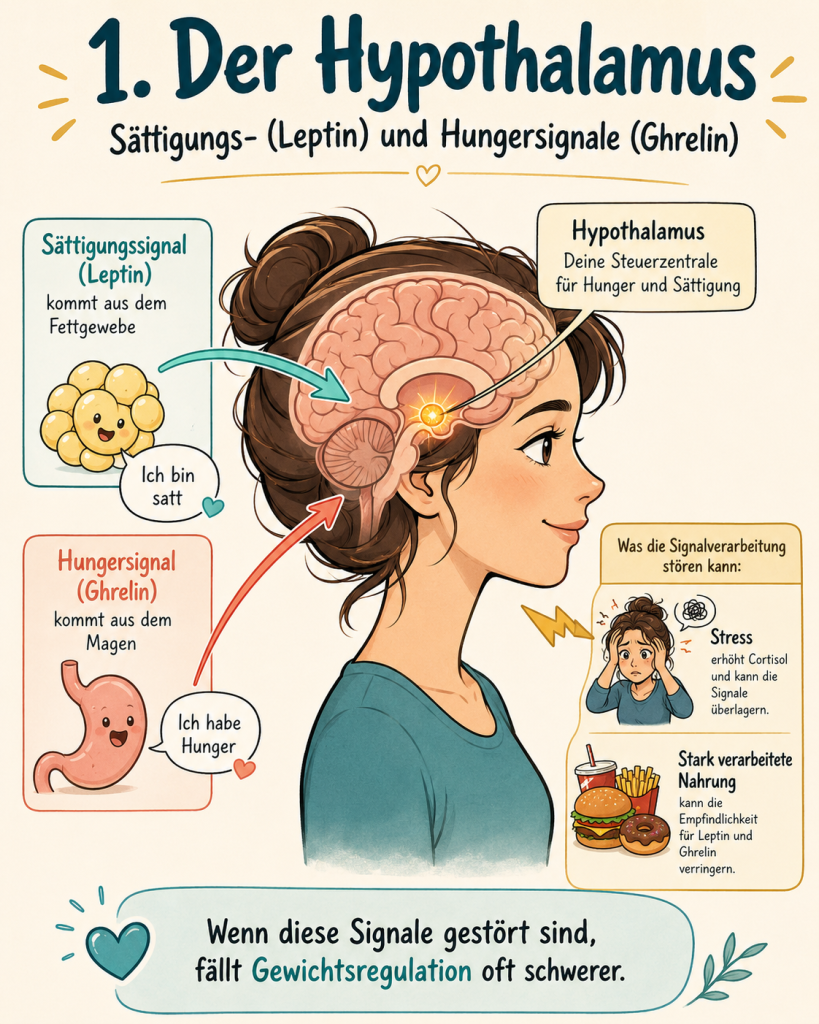 Ansprechende Infografik mit der Überschrift „1. Der Hypothalamus“ zur Erklärung von Sättigungs- (Leptin) und Hungersignalen. Infografik zum Thema „1. Der Hypothalamus – Sättigungs- (Leptin) und Hungersignale“