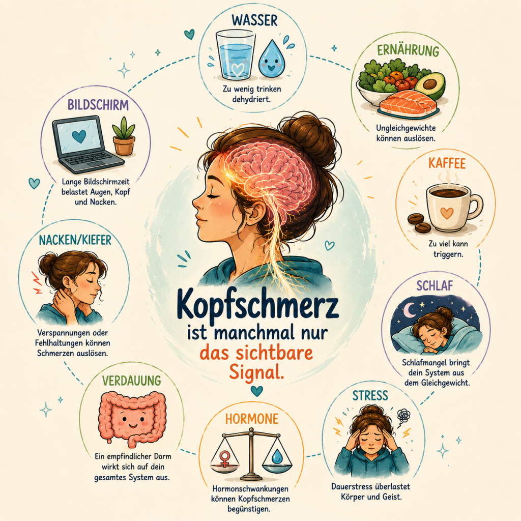 Übersichtliche Infografik zu Kopfschmerzen als Signal des Körpers mit Einflussfaktoren wie Stress, Wasser, Schlaf, Nacken, Kiefer, Verdauung und Hormonen Infografik mit Frau im Zentrum und 8 Ursachen für Kopfschmerzen wie Flüssigkeitsmangel, Dauerstress und Bildschirmarbeit