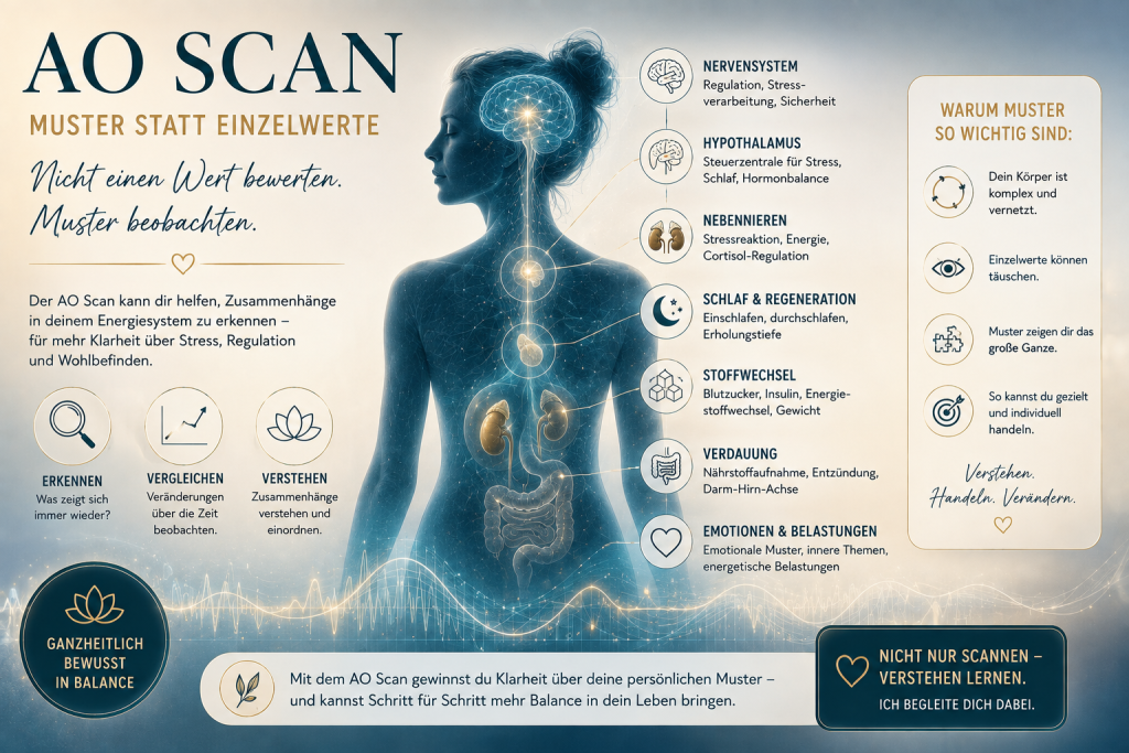 Übersichtsgrafik AO Scan: Muster statt Einzelwerte beobachten. Erklärung von Nervensystem, Hypothalamus, Nebennieren, Schlaf, Stoffwechsel, Verdauung und Emotionen zur ganzheitlichen Regulation. AO Scan – Muster statt Einzelwerte im Energiesystem erkennen