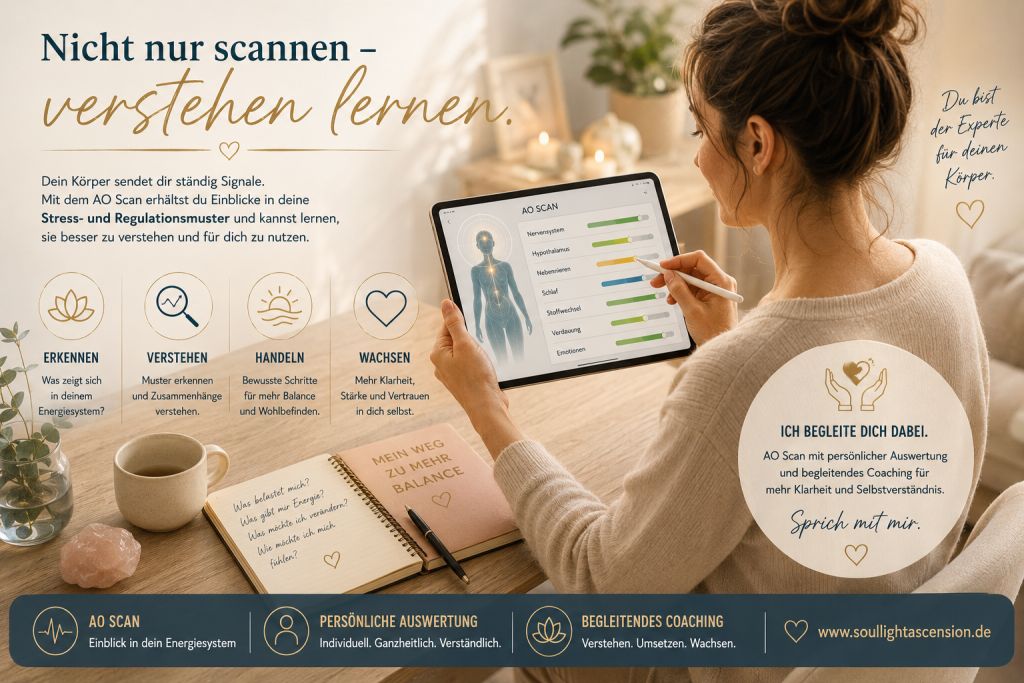 Frau bei der Nutzung des AO Scans auf dem Tablet zur Selbstbeobachtung von Stress- und Regulationsmustern mit Notizbuch für persönliche Begleitung und Coaching. AO Scan Coaching – Nicht nur scannen, verstehen lernen