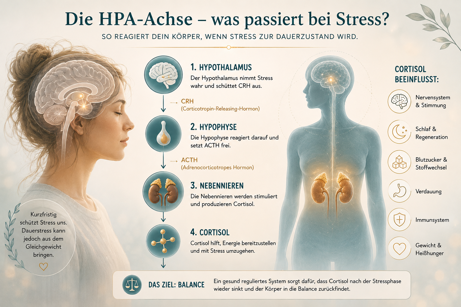 Medizinische Illustration der HPA-Achse: Signalweg von Stressor über Hypothalamus, Hypophyse und Nebennieren zur Cortisol-Ausschüttung.