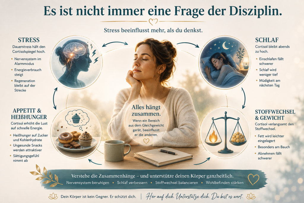 nfografik mit der Headline „Es ist nicht immer eine Frage der Disziplin“ – Wechselwirkung zwischen Stress, Schlaf, Heißhunger und Stoffwechsel. Cortisol, Stress & AO Scan: Muster verstehen | Ulrike Gomes Ascenso