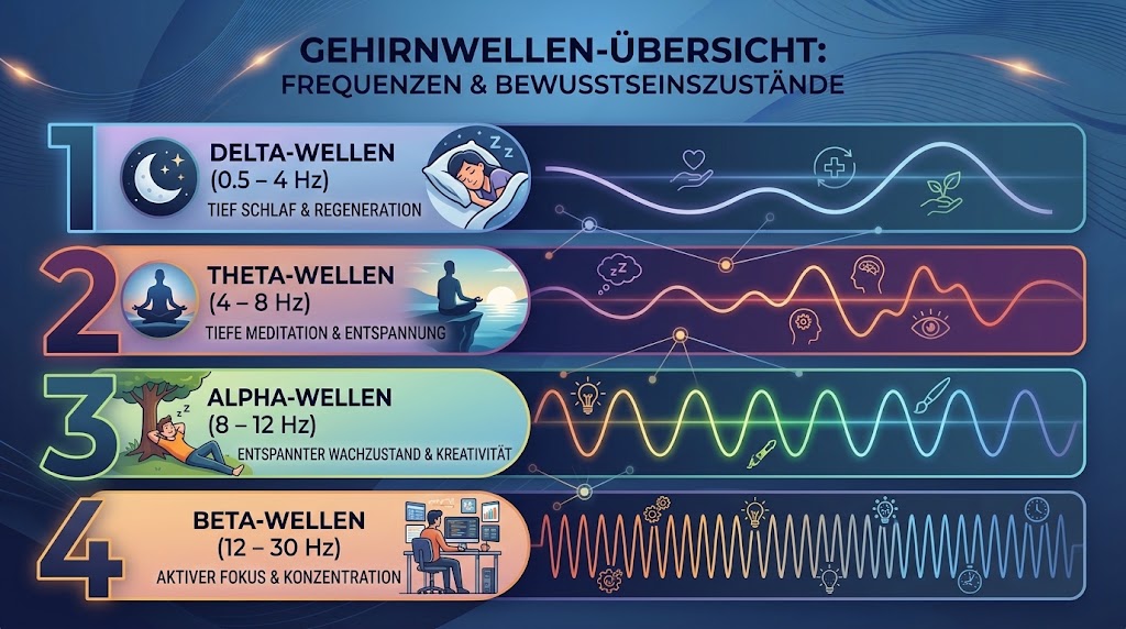 Infografik zur Übersicht der Gehirnwellen-Frequenzen Delta, Theta, Alpha und Beta Frequenzen im menschlichen Körper: Gehirnwellen im Überblick