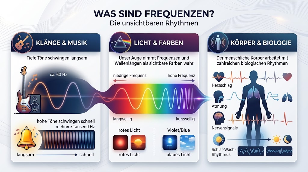 Eine Infografik mit dem Titel ‚Was sind Frequenzen? – Die unsichtbaren Rhythmen‘. Die Grafik ist in drei vertikale Spalten unterteilt. Die erste Spalte zeigt Beispiele aus ‚Klänge & Musik‘ mit einer Bassgitarre (ca. 60 Hz, langsame Schwingung) und einer Glocke (hohe Frequenz, schnelle Schwingung). Die mittlere Spalte behandelt ‚Licht & Farben‘ und zeigt ein Prisma mit einem Farbspektrum, das eine langsame rote Welle und eine schnelle blaue Welle vergleicht. Die rechte Spalte ‚Körper & Biologie‘ illustriert die Rhythmen des menschlichen Körpers mit Icons und Schwingungskurven für Herzschlag, Atmung, Nervensignale sowie den Schlaf-Wach-Rhythmus. Infografik zu den Arten von Frequenzen in Musik, Licht und dem menschlichen Körper