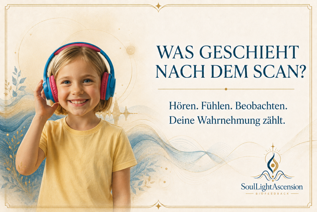 Was geschieht nach dem Scan? Ein lächelndes, blondes Mädchen mit gelbem T-Shirt trägt große, blau-rosa Kopfhörer. Sie hält eine Hand an eine Hörmuschel. Neben ihrem Ohr ist eine stilisierte, goldene Schallwelle zu sehen