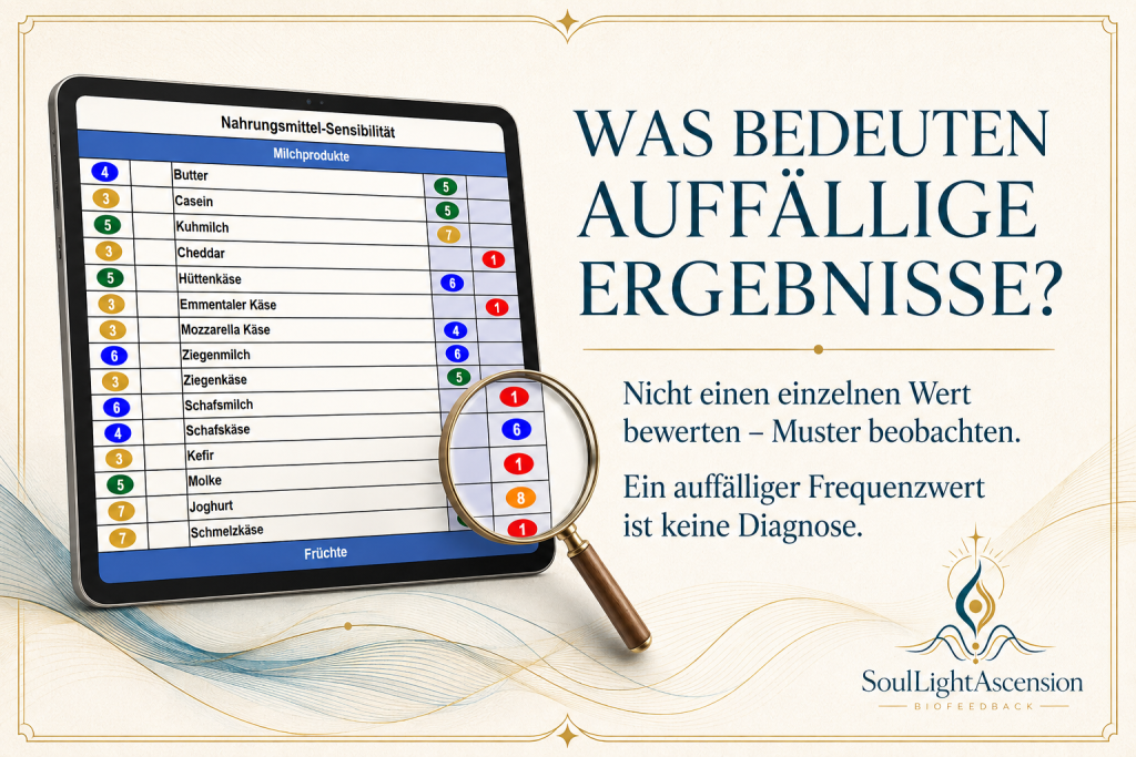 Tablet zeigt AO Scan Bericht zu Nahrungsmittel-Sensibilität mit Lupe und dem Hinweis: Was bedeuten auffällige Ergebnisse? Muster beobachten, keine Diagnose. AO_Scan_Auffaellige_Ergebnisse.jpg