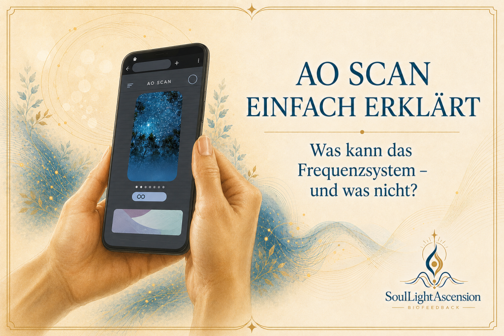 Zwei Hände halten ein Smartphone mit der AO Scan App vor einem gold-blauen Hintergrund mit der Aufschrift „AO Scan einfach erklärt – Was kann das Frequenzsystem – und was nicht? Zwei Hände halten ein Smartphone in den Händen. Auf dem Display ist die AO Scan Benutzeroberfläche zu sehen, die ein Sternenhimmel-Motiv sowie Bedienelemente zeigt.