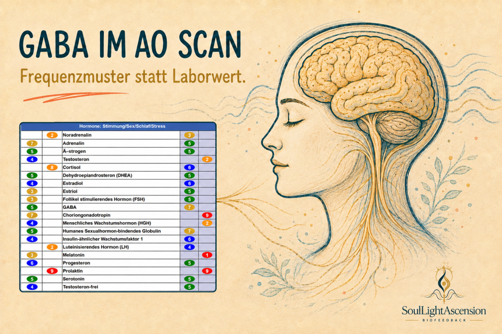 GABA im AO Scan – Frequenzmuster statt Laborwert Grafik zum Thema GABA im AO Scan mit dem Untertitel Frequenzmuster statt Laborwert, einer gezeichneten Kopf-Ansicht und einer AO-Scan-Ergebnistabelle für Hormone und Botenstoffe.