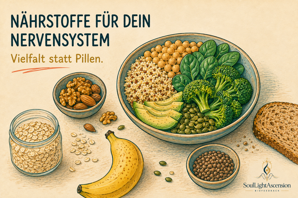 Nährstoffe für dein Nervensystem – Vielfalt statt Pillen Illustration einer gesunden Bowl mit Nährstoffen für das Nervensystem, darunter Brokkoli, Spinat, Nüsse, eine Banane und Vollkornbrot.