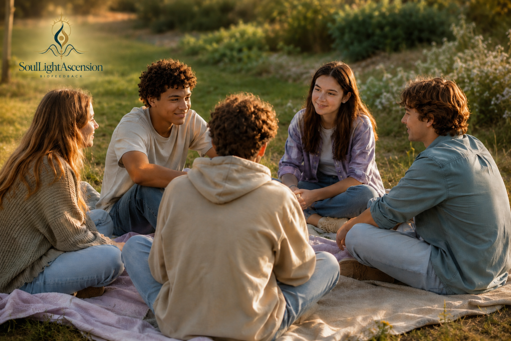 Verbunden sein – wenn wir uns sicher und angenommen fühlen Ein Jugendlicher sitzt in warmer Abendstimmung im Kreis seiner Freunde. Die entspannte Gemeinschaft symbolisiert Zugehörigkeit, Vertrauen und jene emotionale Sicherheit, in der wir uns zeigen dürfen, wie wir wirklich sind.