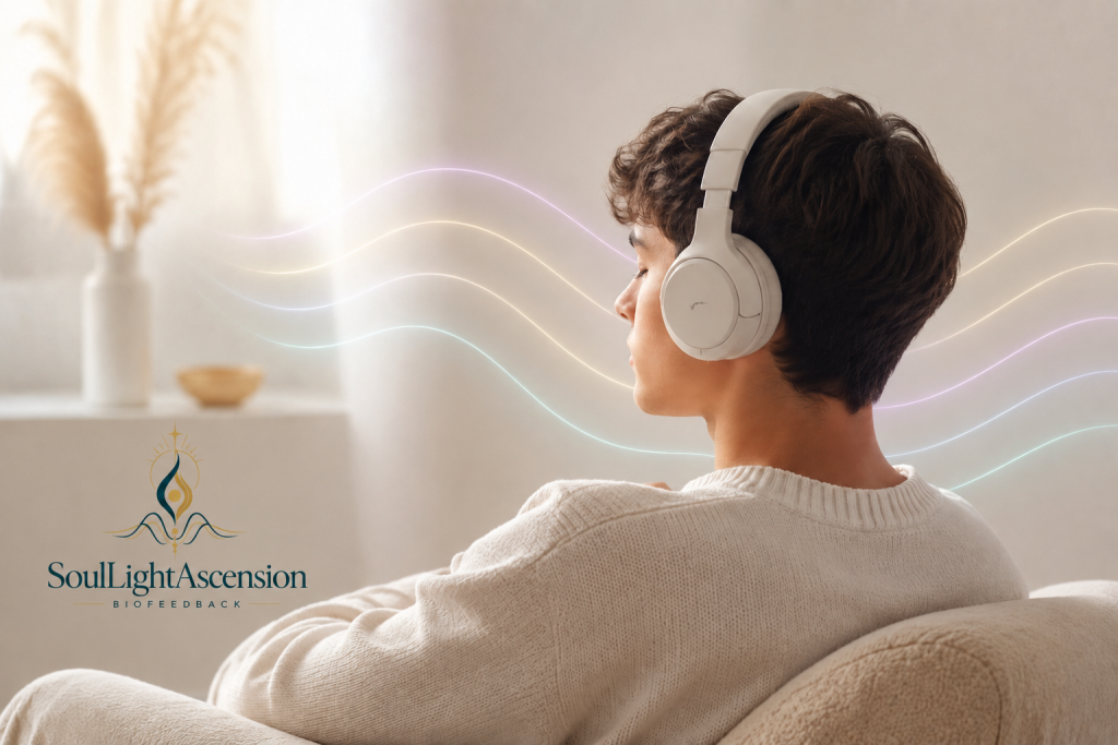 Balancing Harmonics – ein Moment zum Innehalten Ein Jugendlicher hört mit geschlossenen Augen über Kopfhörer seine persönlichen Balancing Harmonics. Die sanft fließenden Lichtwellen symbolisieren die harmonischen Töne und einen bewussten Moment der Ruhe und Selbstwahrnehmung.