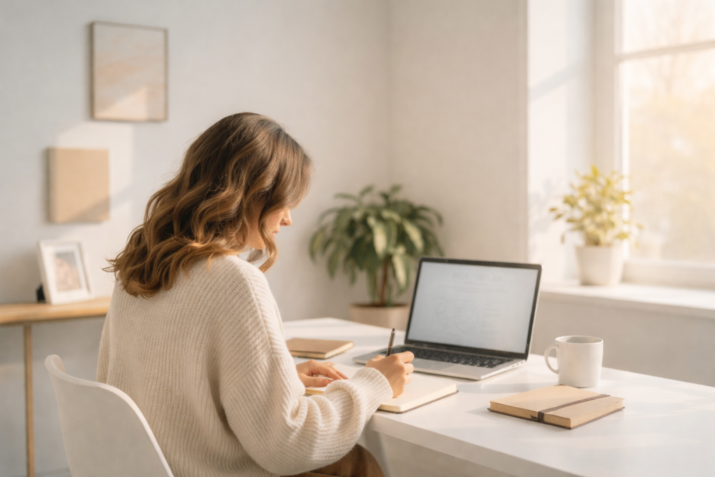 Reflexion und Balance – Coaching-Notizen Frau schreibt reflektierend in ihr Notizbuch am Schreibtisch, im Hintergrund ein Laptop mit AO Scan Bericht