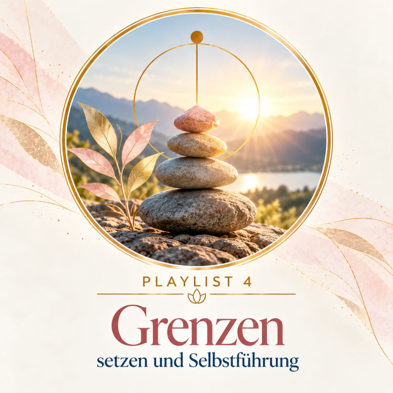 04 — Grenzen & Selbstführung Quadratische Grafik für Playlist 4 „Grenzen setzen und Selbstführung“ aus dem Buch von Ulrike Gomes Ascenso. Ein kunstvoll balancierter Stei