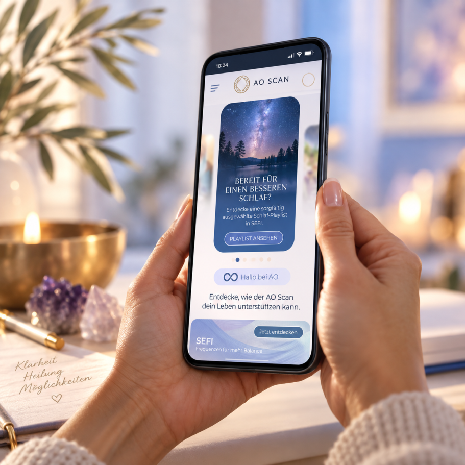 Darstellung der AO Scan App auf einem Smartphone. Die Anwendung zeigt verschiedene Möglichkeiten des AO Scan und SEFI zur Arbeit mit individuellen Frequenzen und Playlists AO Scan App auf dem Smartphone mit SEFI Frequenzen und Playlist zur Unterstützung von Balance und Wohlbefinden.