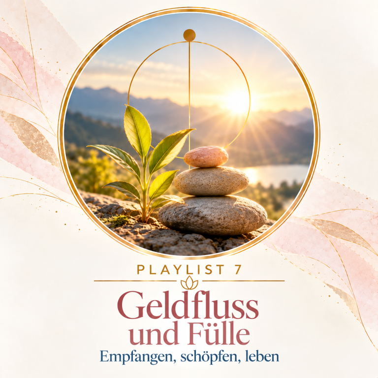 07 — Geldfluss & Fülle Quadratische Grafik für Playlist 7 „Geldfluss und Fülle – Empfangen, schöpfen, leben“ aus dem Buch von Ulrike Gomes Ascenso. Eine kräftig gr