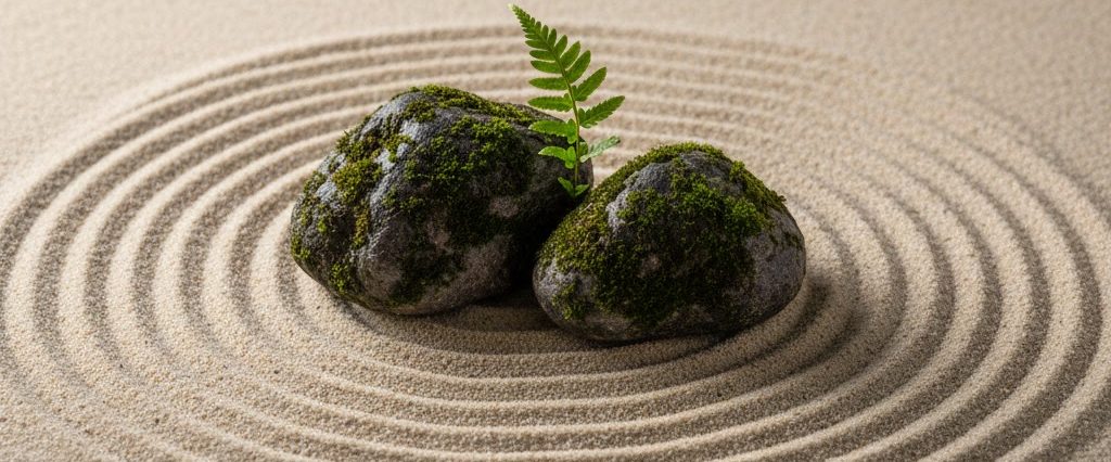Zwei moosbedeckte Steine liegen auf einem gewellten Sandmuster.