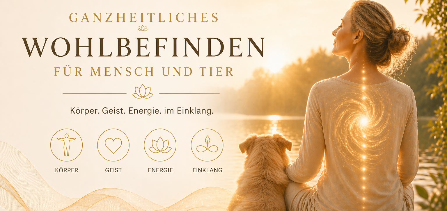 Frau mit Hund am See, umgeben von Wellness-Symbolen für Mensch und Tier.