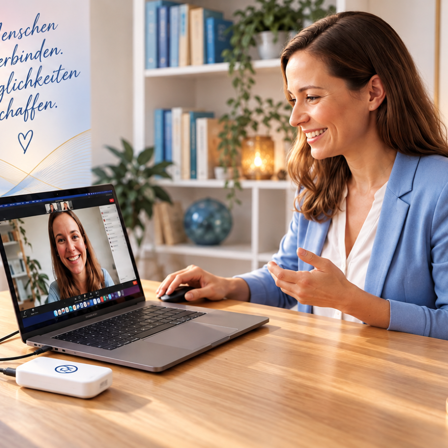 Moderner Arbeitsplatz mit AO Scan App, Laptop und Online-Gespräch. Das Bild symbolisiert die Möglichkeit, den AO Scan in die eigene Arbeit zu integrieren, Menschen online zu begleiten und das System ortsunabhängig zu nutzen. Online-Beratung mit AO Scan App und Laptop als Möglichkeit, Menschen ortsunabhängig zu begleiten.