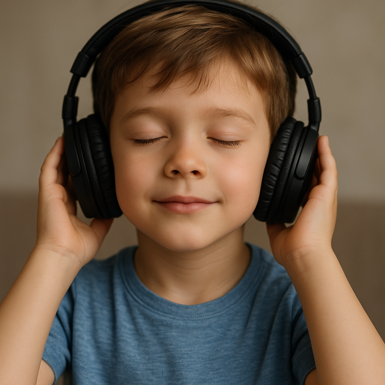 Ein Junge mit geschlossenen Augen trägt Kopfhörer und genießt Musik.