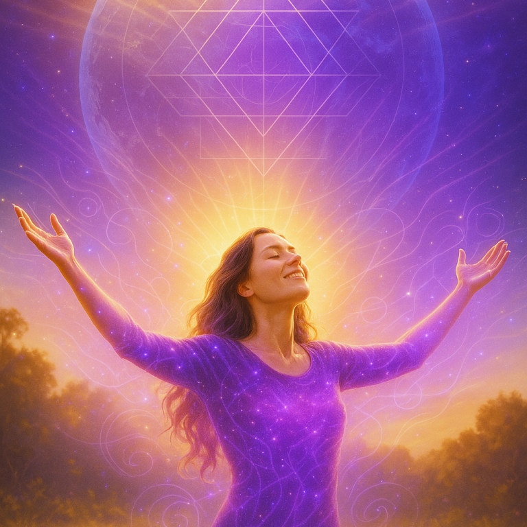 Purple Print Aktivierung Frau mit ausgebreiteten Armen, umgeben von lila und goldenen Lichtern.