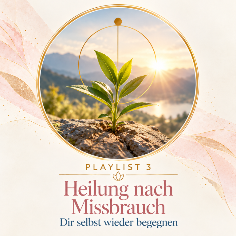 03 — Heilung nach Missbrauch Quadratische Grafik für Playlist 3 „Heilung nach Missbrauch – Dir selbst wieder begegnen“ aus dem Buch von Ulrike Gomes Ascenso. Eine junge,